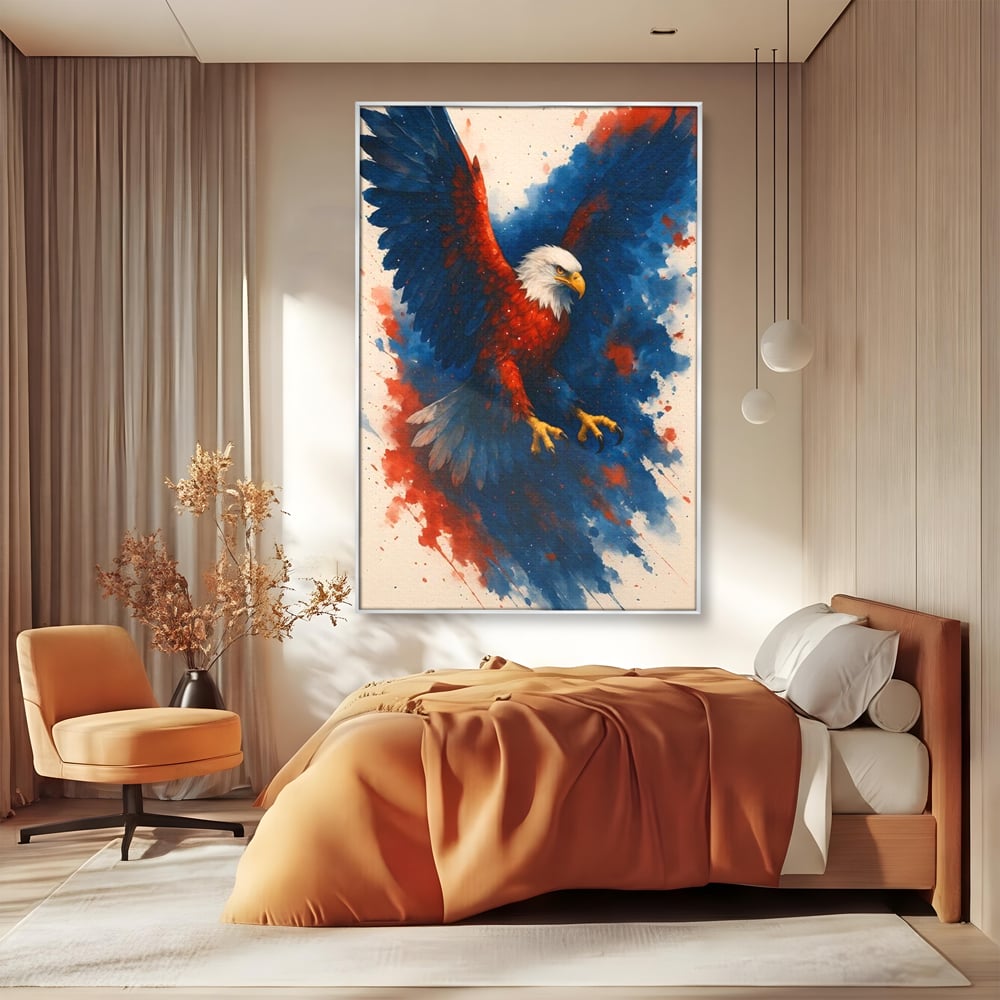 Tablou canvas cu tablou canvas vultur in zbor, in rama de aluminiu argintiu, pe perete intr-un dormitor